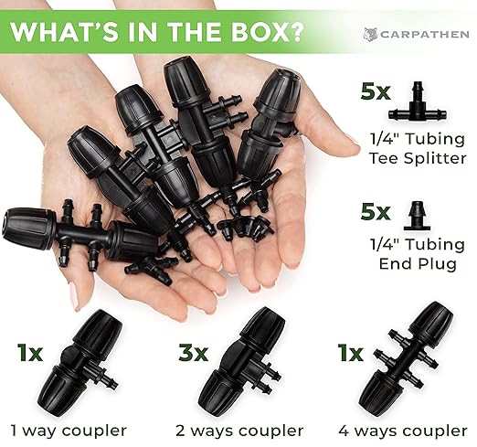 CARPATHEN Drip Irrigation Fittings Kit - 5/16” to 1/4” Connectors - (15-Pack) - 5 x Barbed Tee Connector for 5/16 to 1/4 Irrigation Tubing - 5 x Tee Splitter for 1/4 tubing - 5 x 1/4 End Plugs