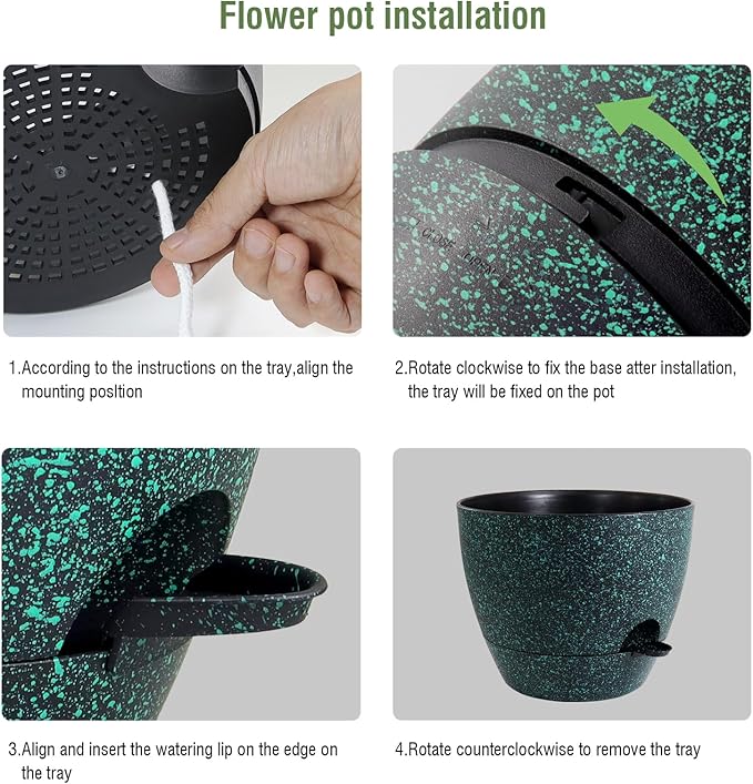 12 inch Large Self Watering Pots, Planter, Plant Pots with Mesh Drainage Holes for Indoor Outdoor House Plants and Garden, Plastic Flower Pots with Reservoir, Black with Green Speckles