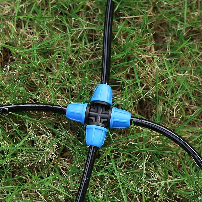 1/4 inch Drip Irrigation Fittings, Lock Barbed 4 Way Couplings for ¼ in. tubing; Tubing Outside Diameter (OD) is 0.250 in., Internal Diameter (ID) is 0.170. in.(20Pcs/Pack) (Blue-4-Way)