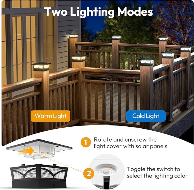 NIORSUN Solar Post Cap Lights Outdoor, 2 Modes LED, Deck Fence Post Solar Lights for 3.5x3.5 4x4 Caps Patio Garden Decoration, Warm White/Cool White Lighting Black 4 Pack
