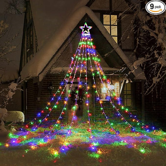 Toodour Christmas Decorations Outdoor Star Lights, 317 LED 10ft X 9 Waterfall Tree Lights with 12" Topper Star, 8 Lighting Modes Outside Christmas Lights for Yard Garden Holiday Decor (Multicolor)