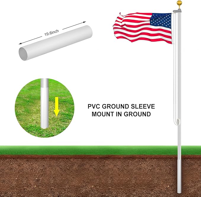 Flag Pole Kit 20FT, 12 Gauge 1.8mm Thickness Heavy Duty Flag Poles with 3x5 American Flag, Silver Flag Pole for Outdoor House In Ground, Extra Thick Flagpoles Suitable for Yard and Garden
