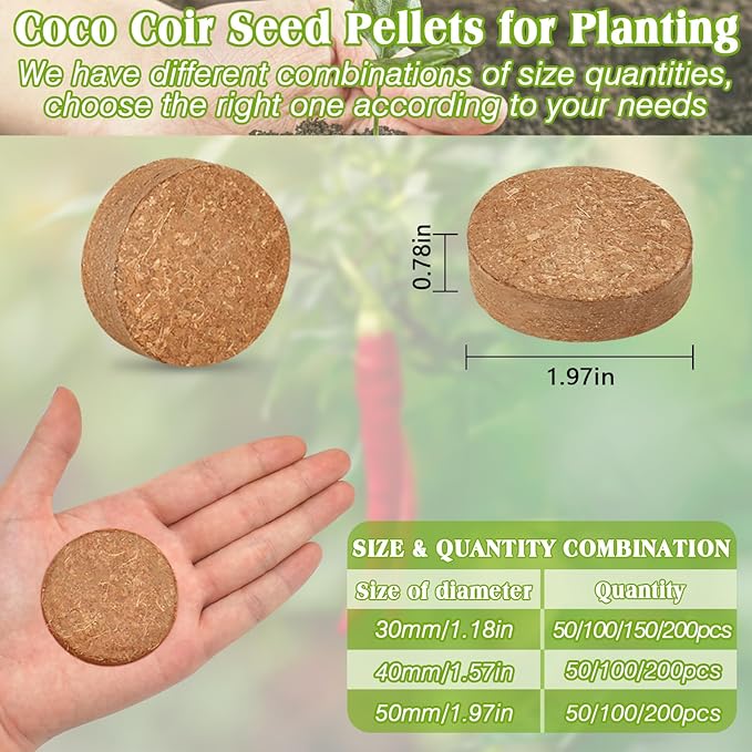 ZeeDix 50pcs 50mm Coco Coir Pellets, Compressed Soil Pellets Coconut Coir Seed Starter Discs Seed Starting Pellets Soil Discs Potting Soil for Outdoor Plants Flowers Bonsai Herbs and Vegetables