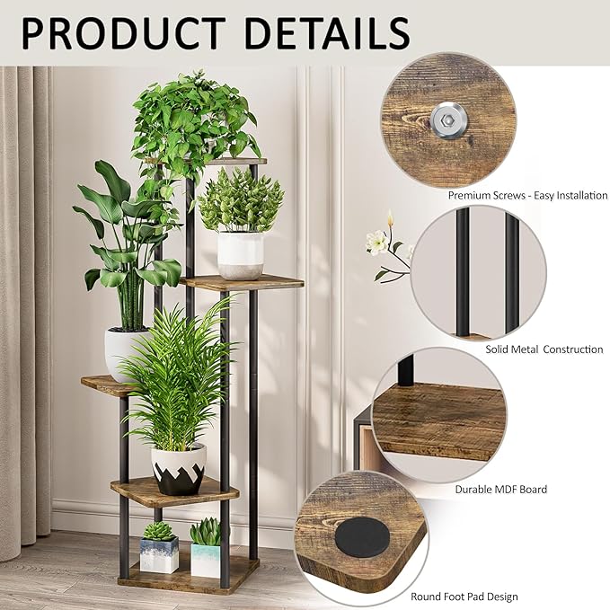 5 Tier Wood Tall Plant Stand Metal Rack Indoor, Multiple Flower Pot Holder Shelves Corner Rack, Planter Shelf Display Rack Storage Organizer for Patio Living Room Balcony Garden(Black)