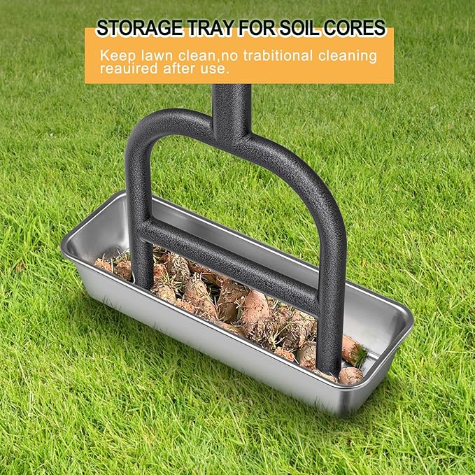 Dolibest Lawn Coring Aerator, Manual Grass Aerating Tool with Stainless Steel Soil Core Storage Tray, 2 Stainless Steel Corer Plug Aerator Tool, Garden Tool & Clean Hand Tool, Improve Lawn Health