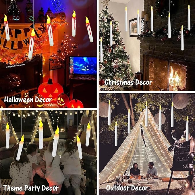 Halloween Decorations, 2023 Newest Floating LED Candles with Wand Remote Control, Witch Wizard Christmas Decor for Indoor Home Room Classroom Bedroom Birthday Party, 12pcs (White & Red), 6.6