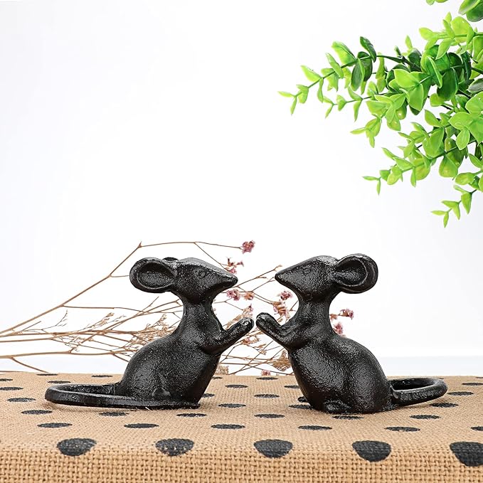 OwnMy 2 Cast Iron Cute Mouse Figurine Sculpture Black Mice Statues Carved Desktop Ornaments Figurines, Decorative Creative Animal Figurine Indoor Outdoor Statues for Garden Patio Yard Home Decoration
