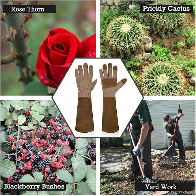 HANDLANDY Long Gardening Gloves for Men & Women, Cowhide Leather Rose Pruning Gloves- Breathable & Durable Gauntlet Gloves (Medium, Brown)