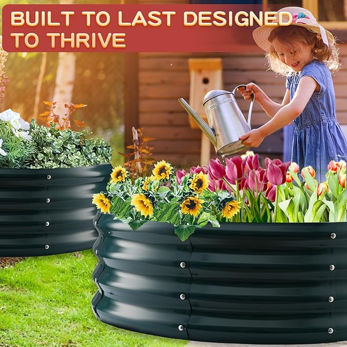 Durable Round Steel Raised Garden Bed Painted for Planting Vegetable/Herbs/Flowers/Trees at Backyard/Garden,or Baby Chicken,Christmas Tree Fence (Dark Green, 36 ins Diameter x 12 ins high)