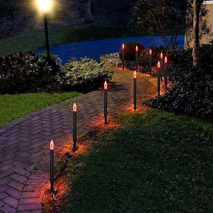Halloween Pathway Lights Outdoor, 19.5Ft Halloween Pathway Marker String Lights with 10 C18 Flicker Flame Black Candles Stakes Lights Plug in Halloween Walkway Lights for Lawn Garden Sidewalk Driveway