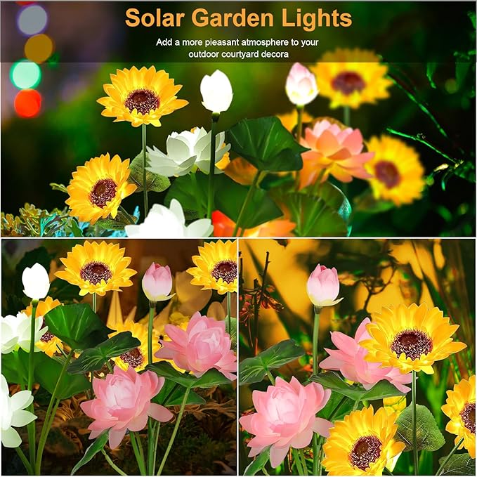 Solar Flower Lights - 4 Pack Outdoor Waterproof Sun Powered Lotus Sunflowers Landscape Decorative Glowing Lights for Yard, Lawn, Patio, Pathway