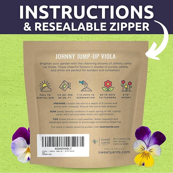 Viola - Johnny Jump-Up - Large 1/4 Ounce Packet - 10,000 Flower Seeds for Planting - Viola Tricolor