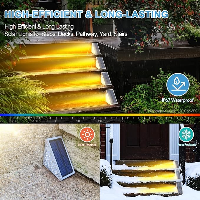 LED Solar Step Lights Waterproof Outdoor Stair Lights, Warm White Solar Deck & Pathway Lights IP67 for Yard, Patio, Garden, Front Door, Driveway, Porch 2PK
