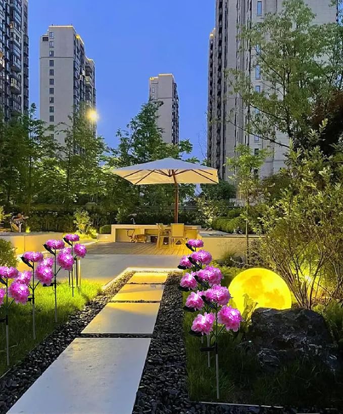 Solar Lights Outdoor Decorative - 3 Pack Hydrangea Solar Garden Stake Lights Waterproof,Two Lightning Modes & Enlarged Solar Panel (Pink)
