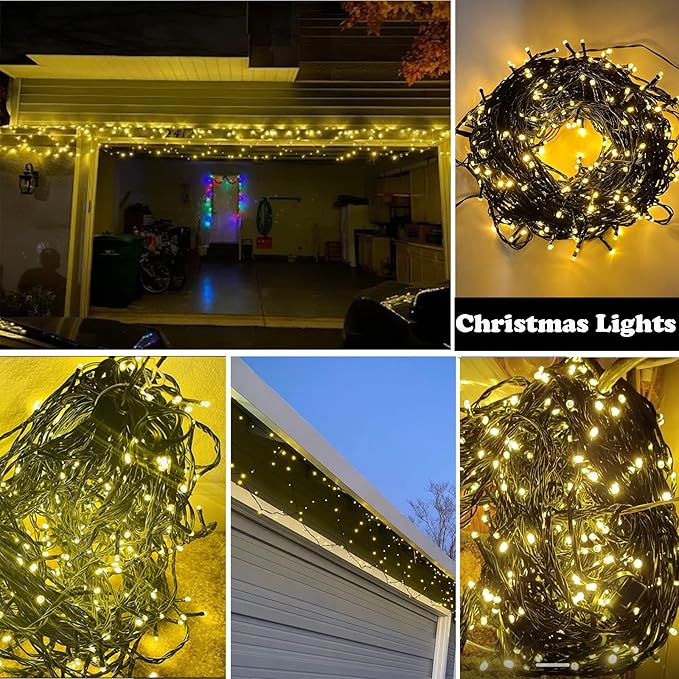 Christmas Decor 380 LED Outdoor Christmas Lights for House 34Ft/10M Warm White Christmas String Lights Outside Xmas Lights Indoor Outdoor for Eaves Yard Garden Decor[8 Modes,Extendable,ETL Listed]
