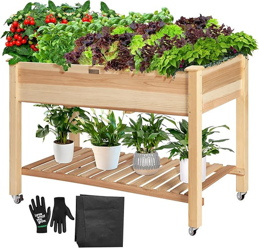 VIVOSUN Elevated Wooden Raised Garden Bed, 46 x 24 x 32 Inches, Mobile Outdoor Planter Box with Storage Shelf and Protective Liner for Outdoor Use, with Lockable Wheels