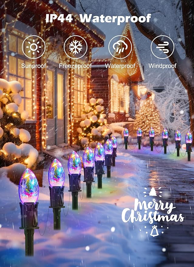 C9 Christmas Pathway Lights Outdoor, 45FT 40 LED Christmas String Lights with Stakes, 4 Light Modes, Waterproof Connectable Christmas Decorations for Outside Lawn Yard Sidewalk Driveway, Multicolor