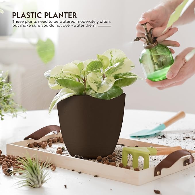 Utopia Home - Plant Pots Indoor with Drainage - 7/6.6/6/5.3/4.8 Inches Home Decor Flower Pots for Indoor Planter - Pack of 5 Plastic Planters for Indoor Plants, Cactus, Succulents Pot - Brown