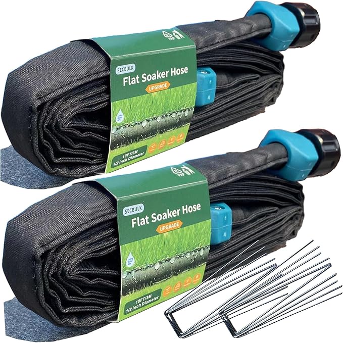 2025 Flat Soaker Hose 20 ft wth Stakes for Garden, 10ft x 2 Linkable Drip Hose Diy Garden Irrigation System Saving 80% Water, Dual-layer Leak-free Design Water Hose with Holes