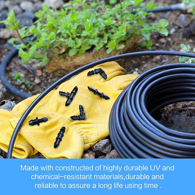 120 Pack Drip Irrigation Fittings Kit - Barbed Connectors for 1/4" Tubing,Includes 50 Couplings,40 Tees, 20 Elbows and 10 End Plugs for Drip or Sprinkler Systems