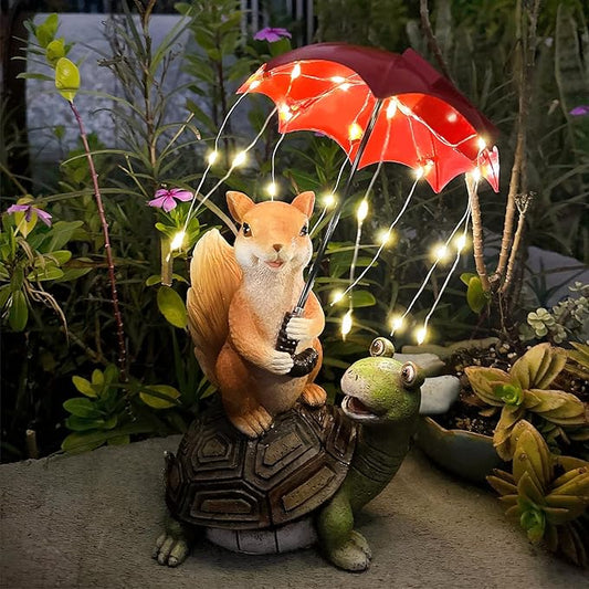 Solar Garden Statue Outdoor Decor - Squirrel Standing on Turtle Holding Umbrella with String Lights Outdoor Waterproof Statues for Patio Lawn Yard Decoration Garden Ornaments Housewarming Gifts