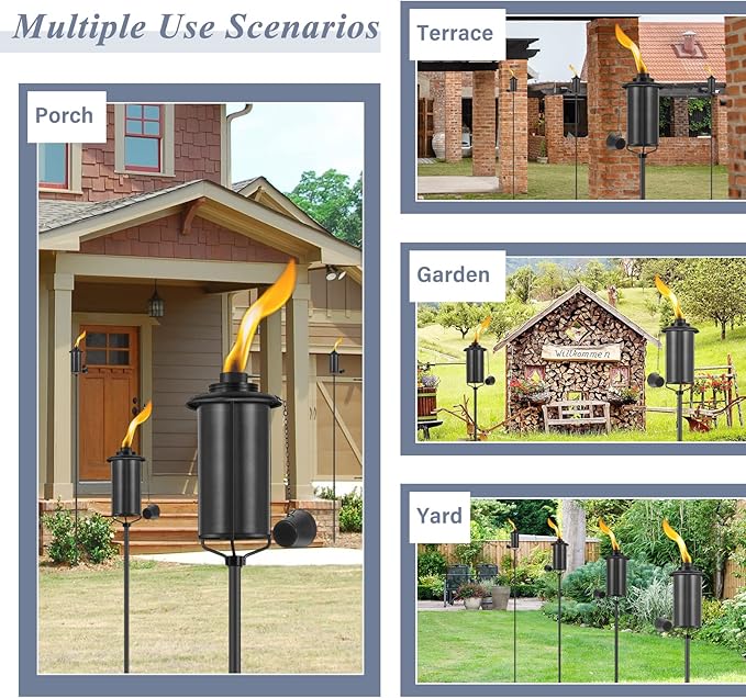 ZSZMFH 4 Pack Metal Torch for Outside, 16oz Outdoor Metal Torch Garden Décor,59-Inch Upgraded Citronella Torches with 3-Prong Grounded Stake, Table Top Torches for Party Patio Pathway