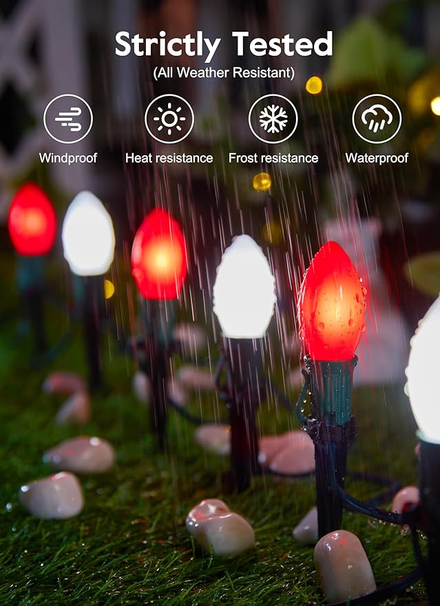 Brightown Frosted C9 LED Christmas Lights Outdoor, 2 Packs Total 64Ft Christmas Pathway Lights with 50 LED Bulbs and Stakes, Christmas Decorations Outside Driveway Walkway Sidewalk, Red and White