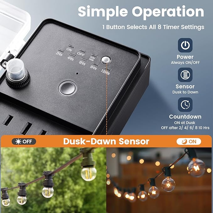 SURAIELEC Outdoor Power Stake, Dusk to Dawn Light Timer, 15FT Extension Cord Multiple Outlet; 6 Electrical Outlet Power Strip Weatherproof, for Patio Lights, Sprinkler, Garden, Christmas Decorations