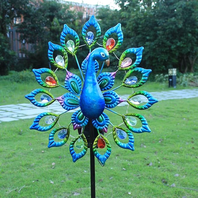 Outdoor Wind Spinner, Solar Garden Lights Metal Peacock Garden Decor,Solar Stake Lights Decorative for Patio Pathway Yard Decoration Mothers Day Ideal Gifts（Peacock Opens its Tail）