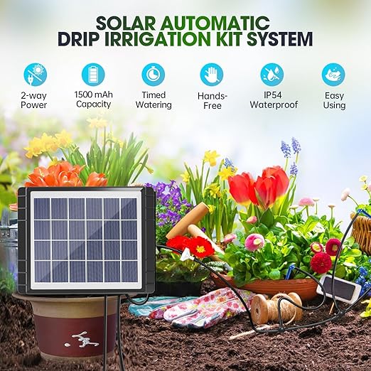 Drip Irrigation System - Skycow Solar Automatic Drip Irrigation Kit System 15 Potted Indoor Outdoor Garden Balcony Anti-Siphoning Plant Watering System 25 Timing Mode 1500mAh Battery 49FT