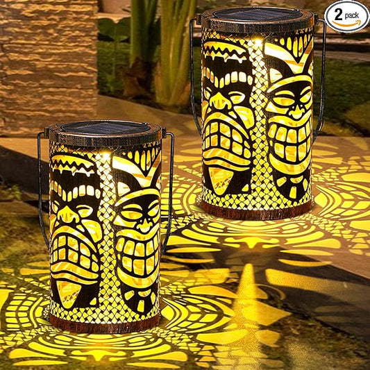 2 Pack Tiki Solar Lanterns Tiki Bar Light Decor Outdoor Waterproof Gifts for Women Men Hanging Lantern Metal Hollowed Out Decor for Summer Garden Patio Lawn Porch Festival Party