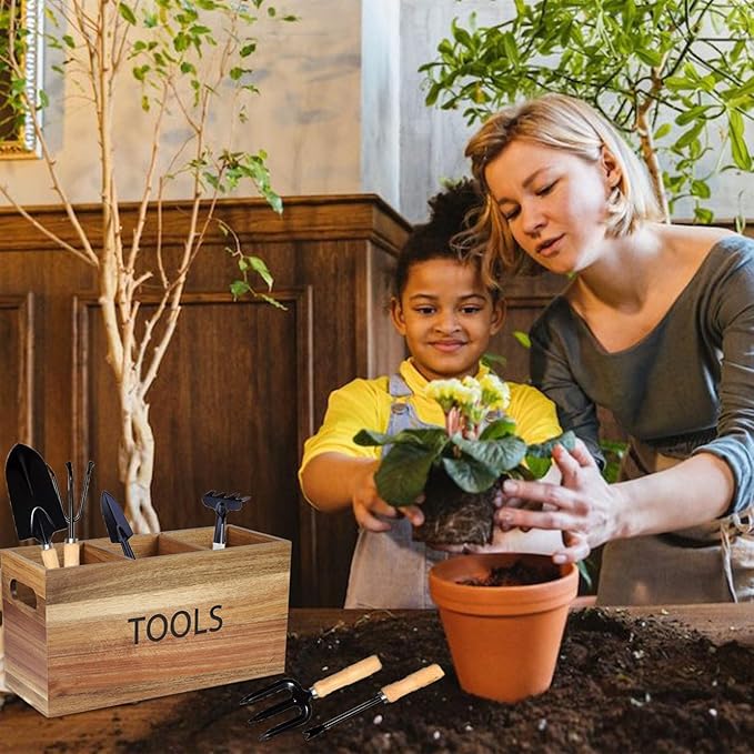 Garden Tool Basket Wood Utensil Holder for Gardening Kit Organizer Garden Hand Tools Arrange and Display Storage - Gardening Gifts for Women Men 11.8" L x 4.6" W x 6" H for Pruning Shears, Cultivator