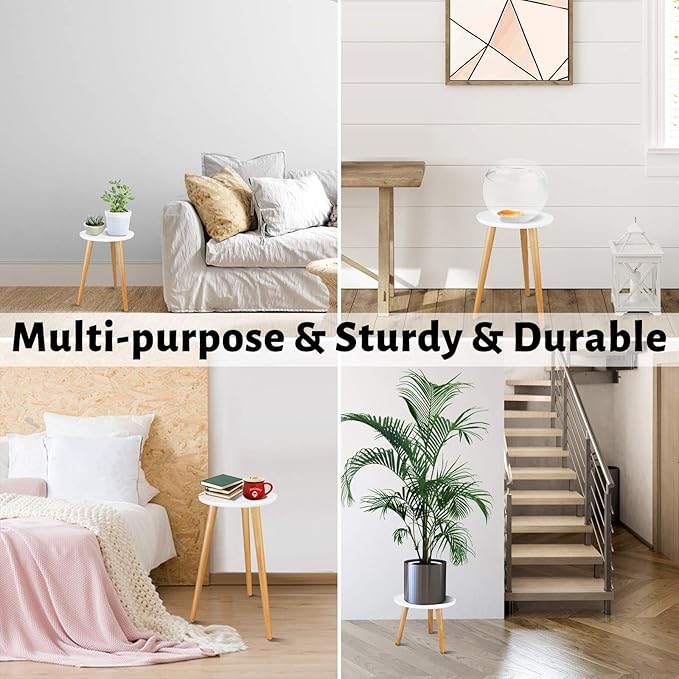 Uneedem Wood Mid Century Plant Stand for Indoor Plants, Modern Table, Tall Holder for Flower Pots, Small Round Side/End Table(A2 White, High: 16.5")