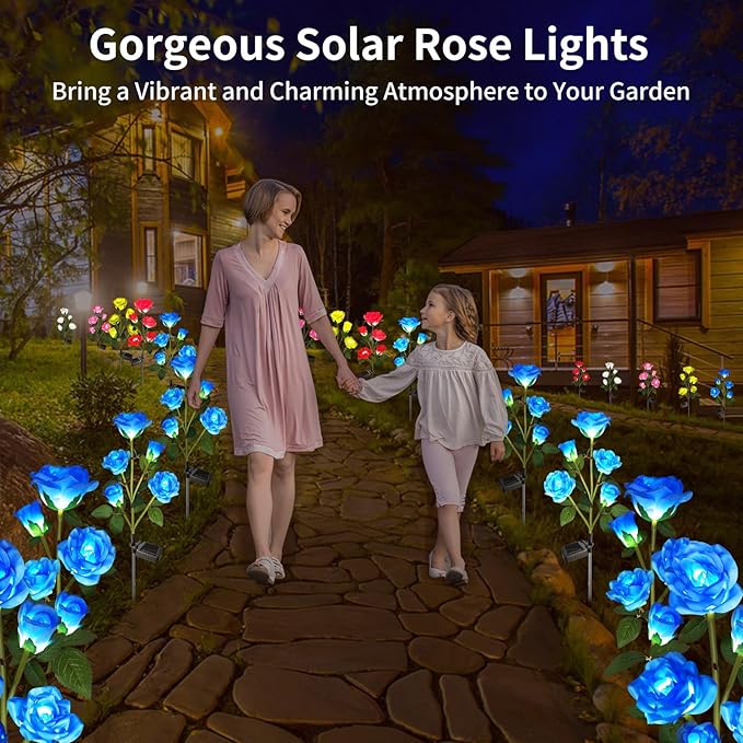 Solar Garden Lights, Solar Outdoor Lights with More Realistic 10 Rose Waterproof Solar Powered Flowers Lights for Outside Patio Yard Pathway Decorations, 2 Pack, Blue