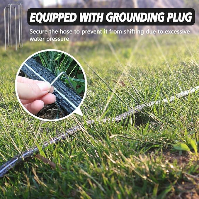 Sprinkler Soaker Hose 25 ft, Flat Watering Hose with Holes, Water Saving Drip Line Irrigation Hoses with Garden Staples for Lawn, Vegetable Garden Beds (25 ft)