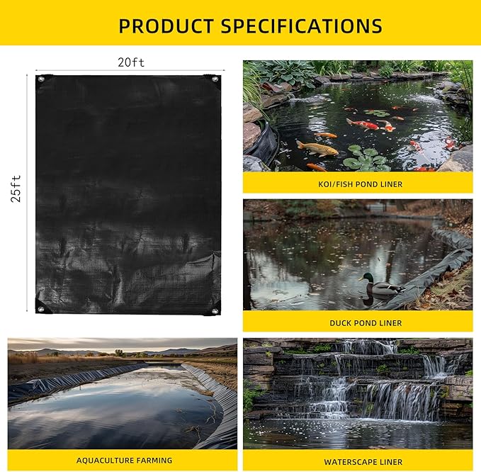 TEZONG Pond Liner,20x25Ft Pond Liners for Outdoor,28Mil PE Black Koi Fish Pond Liners,Reinforced Pond Underlayment for Ponds,Water Gardens,Waterfall, Stream, Fountains,Aquaculture,Agricultural