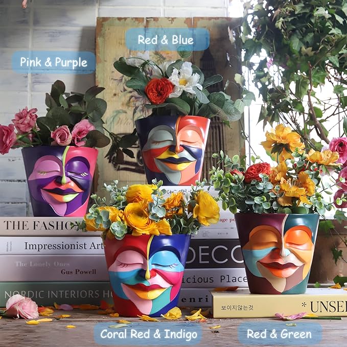 GUGUGO Abstract Rainbow Head Planter, Unique Face Plant Pot with Drainage, Cute Eclectic Flower Planters Pots for Indoor & Outdoor Plants, Colorful Funny Room Decor (Coral Red & Indigo,5.5Inch)