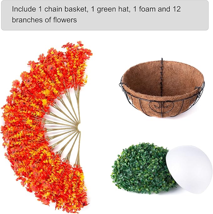 Artificial Fake Fall Autumn Hanging Mums Flowers Plants Basket for Outdoor Outside Decor, Faux Silk Orange Dasiy Flower Look Real UV Resistant for Porch Home Patio Garden Decoration