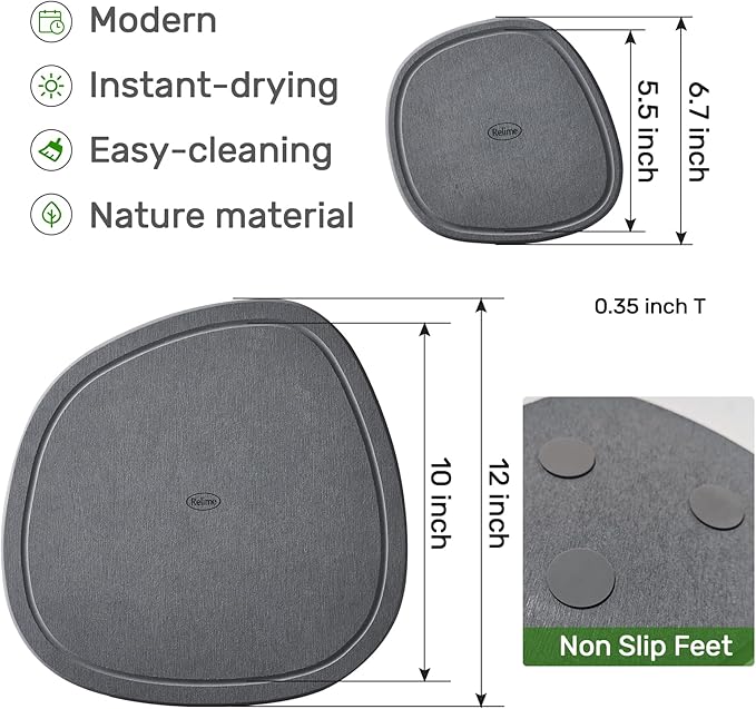 Diatomaceous Earth Plant Saucer for Indoor, 2 Pack Irregular 6 Inch 12 Inch, Instant Dry Pot Saucer, Plant Drip & Drainage Tray for Indoor, Stone Gray