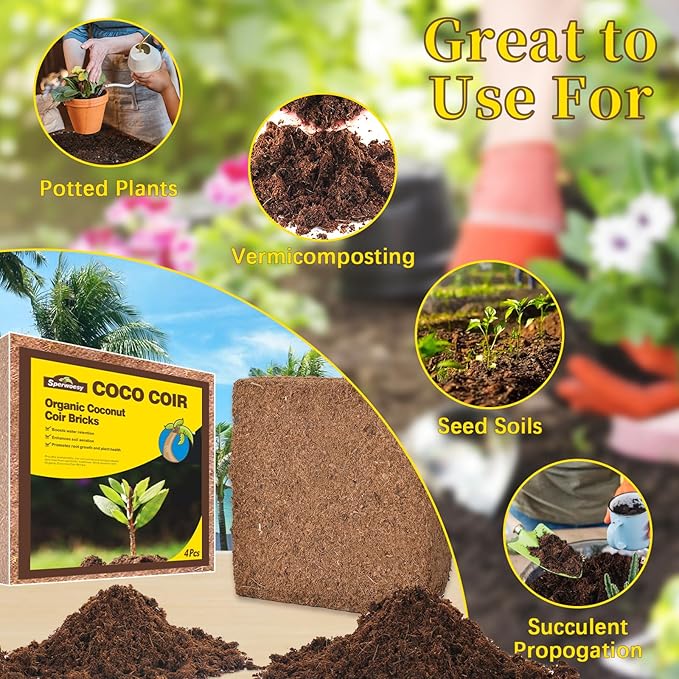 Premium Coco Coir Soil for Indoor Plants - 2.2Kg/4.8 Lbs with Plant Growing Bags & Shovels - Ideal Seed Starter Soil - Coconut Fiber Substrate