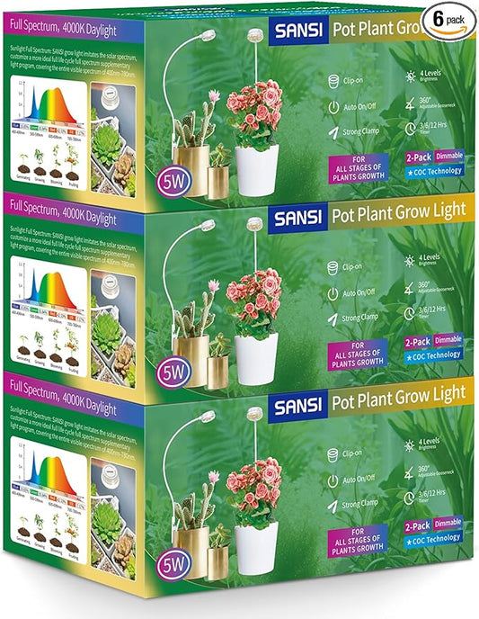 SANSI Grow Lights for Indoor Plants, ETL Listed Pot Clip LED Plant Lights for Indoor Growing, Full Spectrum, 4-Level Dimmable, Auto On Off 3 6 12 Hrs Timer for Small Plants,Garden Gift White 5V 6-Pack