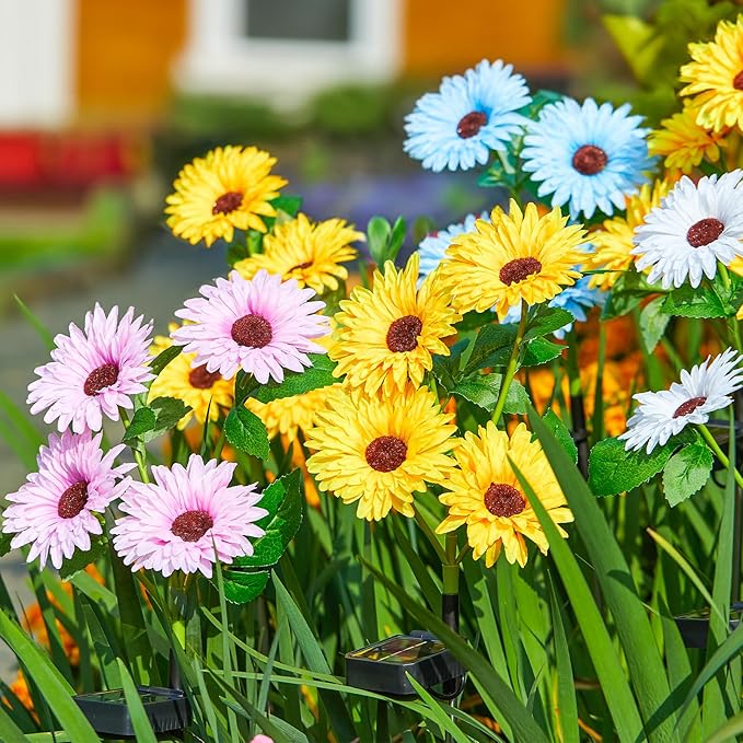 WdtPro 4 Pack Solar Lights Outdoor Garden Decor, Upgraded Outdoor Solar Garden Lights with 16 Glowing Daisy Flowers & Stems, Waterproof Auto ON/Off Solar Flowers Lights for Outside Garden Yard Patio