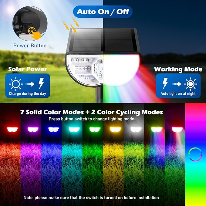 Solar Color Changing Spot Lights Outdoor, Multi-color RGB Solar Landscape Lights IP67 Waterproof, 9 Lighting Modes Solar Powered Spotlights for Christmas Holiday Decorations Yard Garden, 4-Pack