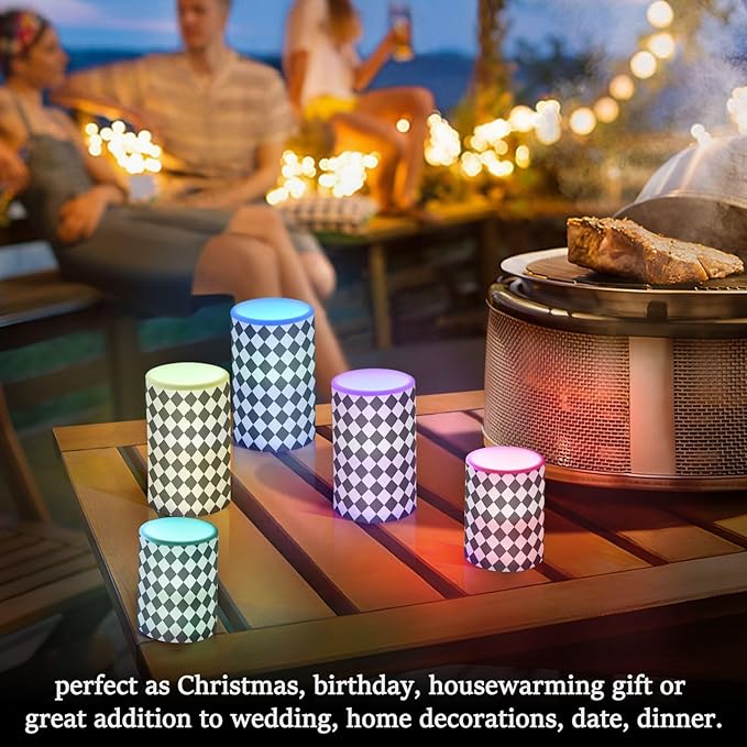 Flickering Flameless Candles, Black White Rhombuses Checkered LED Candles with Remote Timer, Set of 2 Battery Operated Candle for Valentine Wedding Birthday
