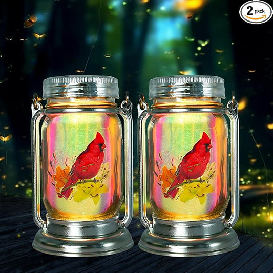 Outdoor Solar Cardinal Lantern-2 Pack Garden Hanging Red Bird Lanterns, Gifts for Mom Women Grandma,Silver Glass Mason Jars,Waterproof LED Decorative Lights for Patio Table Garden Pathway Yard