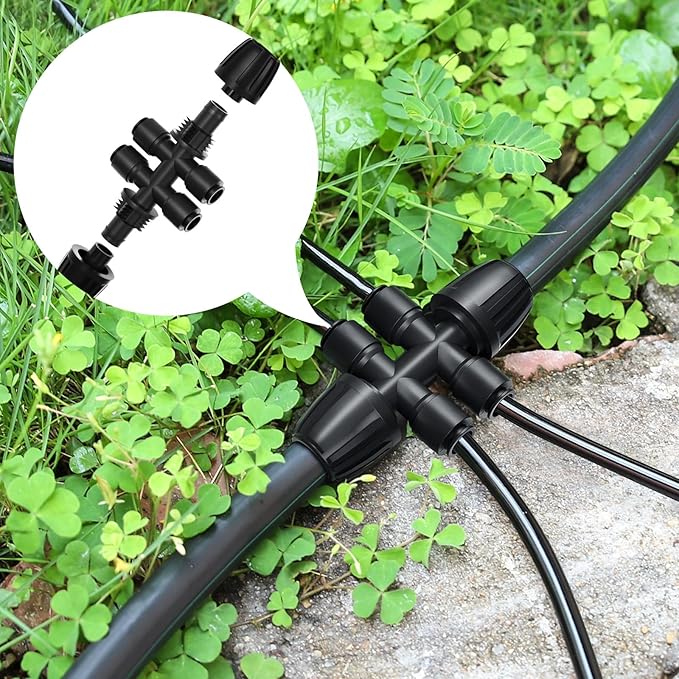 4 Packs 1/2''to 1/4''Barbed Tee Quick Connector,Drip Irrigation Fittings for 4-Way Connector
