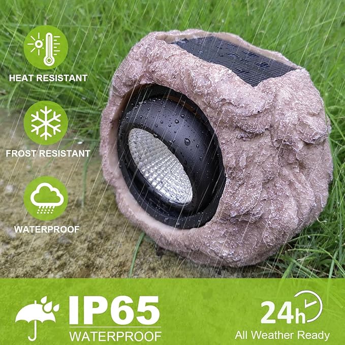 Outdoor Solar Rock Light, Waterproof LED Solar Spotlight, Garden Landscape Lights, Decorative Garden Rock Lights for Paths, Sidewalks, Patio and Landscaping - 2 Pack