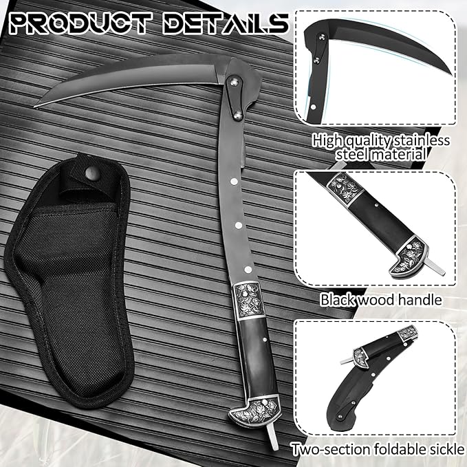 2 Pcs Black Sharp Folding Sickle 14.6 inch Grass Hand Sickle Knife Wooden Handle Portable Safety Manual Sickle Garden Tool with Sheath for Lawn Branches Weeds Gardening Farming Cutting