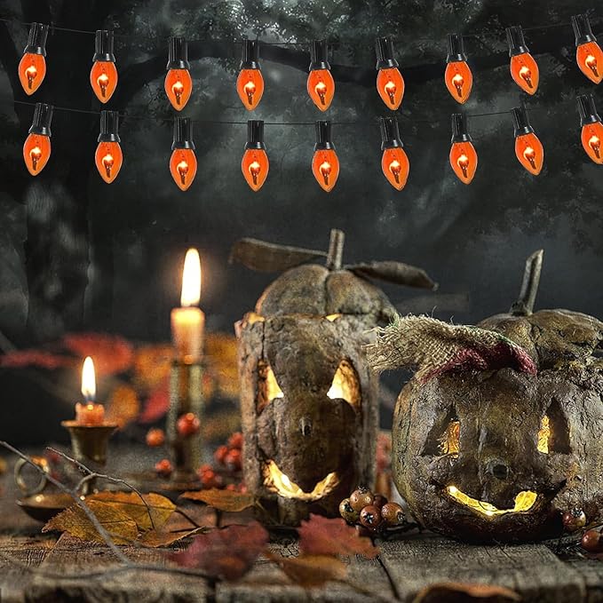 25Ft Orange C7 Christmas Lights Outdoor, Decorations With 27 Flicker Flame Bulbs, Vintage Flickering for Patio Garden Party Tree Decor - Black Wire