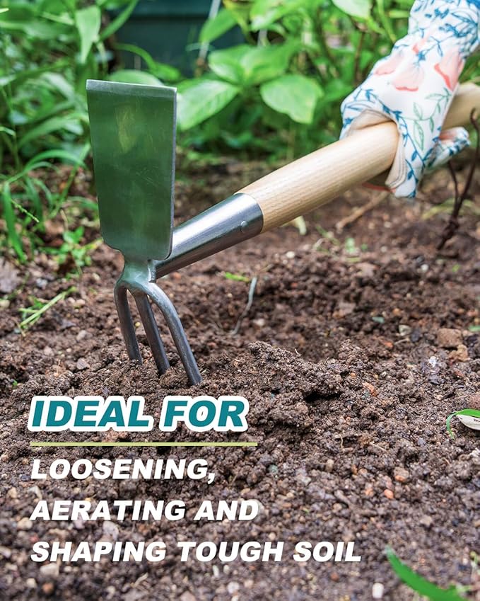 Hoe and Cultivator Garden Rake Hand Tiller Tool Wood Handle Double Sided Cultivator Versatile Tool for Digging,Loosening Soil,Weeding,Breaking Up Soil,Cultivating,Preparing Seedbeds Combination Garden